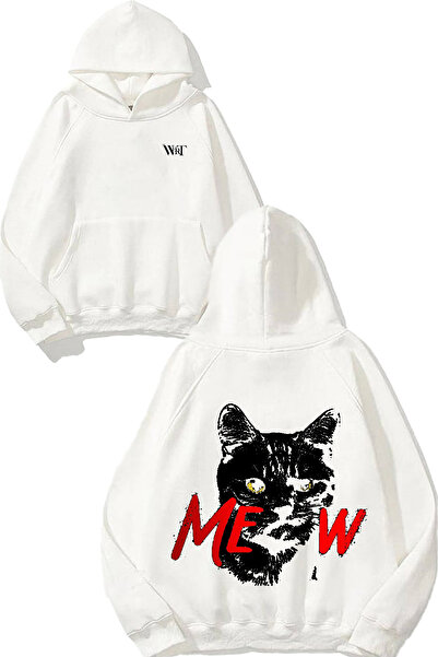 THEWERT سويت شيرت The Angry Cat Meaw Design Back مطبوع أبيض بغطاء رأس