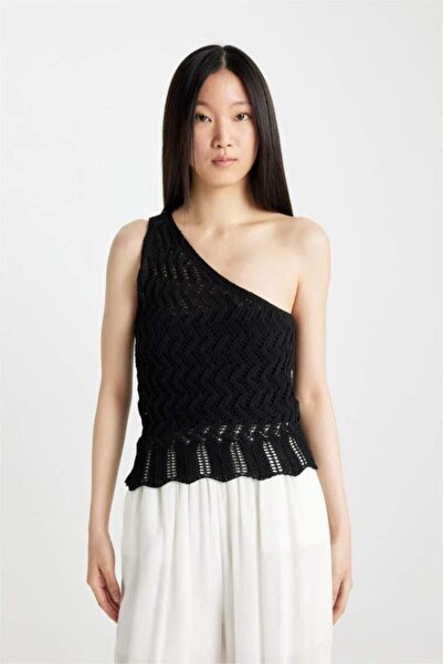 DeFacto Fitted One-Shoulder Crochet Black Tank Top (24 Sm)