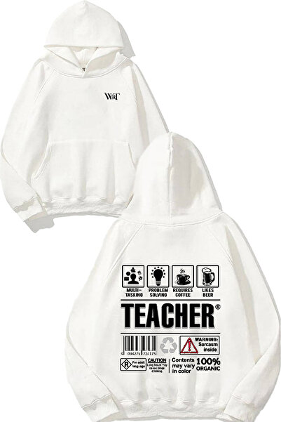 THEWERT سترة مدرسية بتصميم Teacher مطبوع باللون الأبيض بغطاء رأس