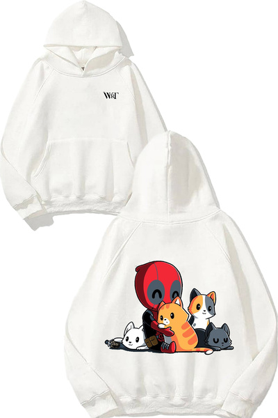 THEWERT Deadpool Cats Design Spate cu imprimeu Alb cu glugă Swea tricou