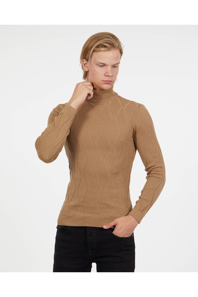 elkumoda Men's Turtleneck Knitwear Sweater Cotton Self-Patterned Turtleneck Slimfit Sweater