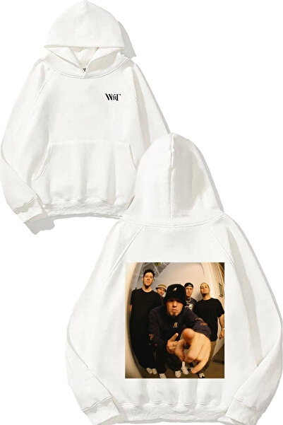 THEWERT سويت شيرت Limp Bizkit Ayna Design Back مطبوع أبيض بغطاء رأس