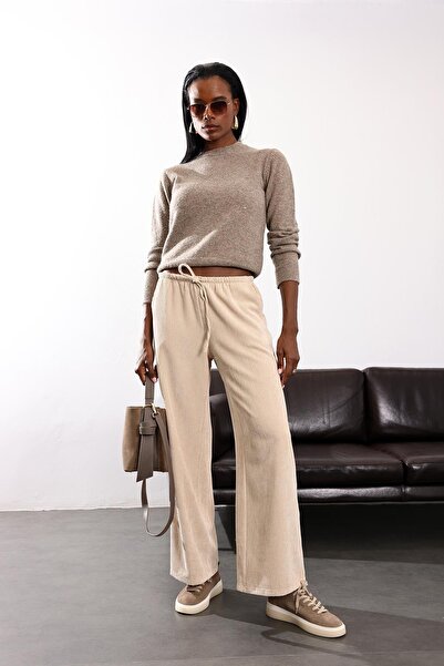 5in1Canpolat Beige Elastic Waist Velvet Trousers 17660