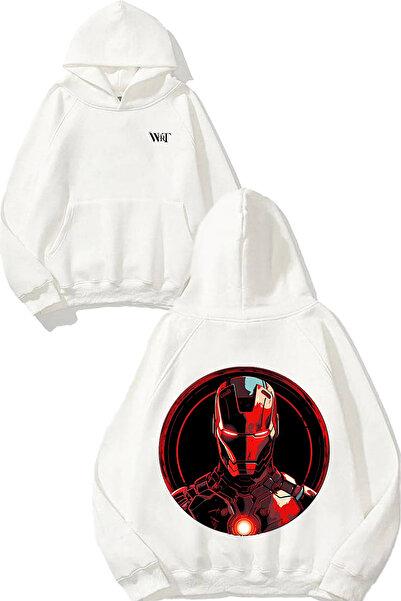 THEWERT Iron Man Red Tasarım Sırt Baskılı Beyaz Kapüşonlu Sweatshirt