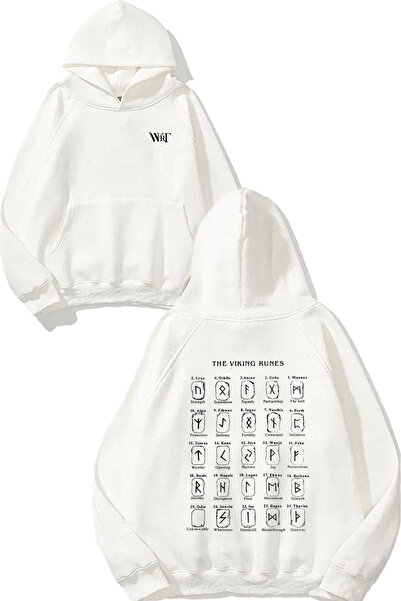 THEWERT The Viking Runes Design Spate cu imprimeu Alb cu glugă Swea tricou