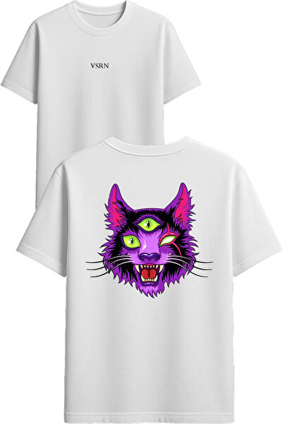 VSRN 3-Eyed Cat Design مطبوع تي شيرت أبيض قصة فضفاضة