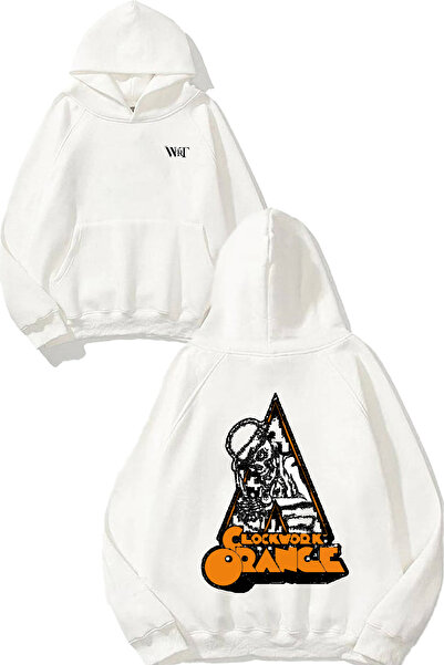 THEWERT سويت شيرت بتصميم كلوكت وورك أورانج مطبوع أبيض بغطاء رأس