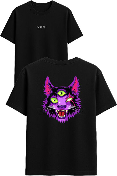 VSRN Tricou oversize negru cu imprimeu design pisică cu 3 ochi