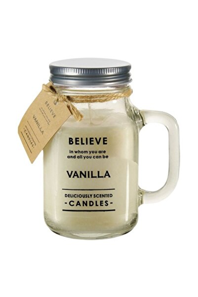 MYONNA IT & E- COMMERCE Believe Scented Paraffin Candle, Vanilla, Glass Jar with Metal Lid & Handle, Ecru, 8x14.5 cm
