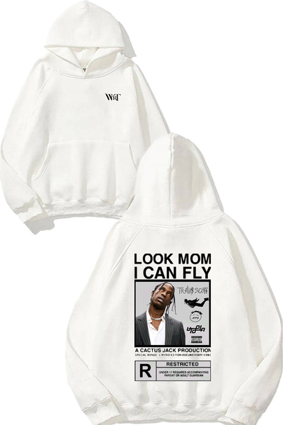 THEWERT سترة ترافيس لووك موم آي كان فلاي ديزاين مطبوع باللون الأبيض بغطاء رأس