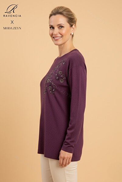 Ravencia Women's Middle-Aged and Above Floral Patterned Stoned Stretch Fabric Wool Pink Mother Combed Cotton Blouse