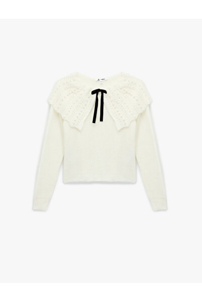 Koton Pulover tricotat cu mânecă lungă B guler tip Peter Pan cu detaliu de mărgele de perle