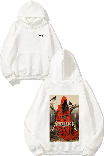 THEWERT سويت شيرت ميتاليكا ديث أنجل ديزاين مطبوع أبيض بغطاء رأس