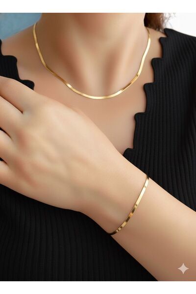 bettin tasarım Unisex Italian Flat Crushed Model Steel Necklace Bracelet Set Gold Silver Color Non-Tarnish Stainless Steel