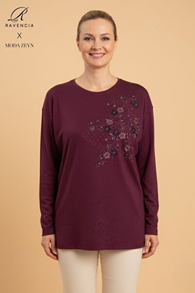 Ravencia Women's Middle-Aged and Older Floral Patterned Stoned Stretch Fabric Wool Burgundy Mother Combed Cotton Blouse