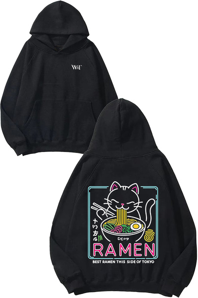 THEWERT Best Ramen Neon Cat Design Backpack Printed Black Hooded Sweatshirt