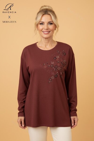 Ravencia Women's Middle-Aged and Older Floral Patterned Stony Stretch Fabric Wool Brick Color Mother Combed Cotton Blouse