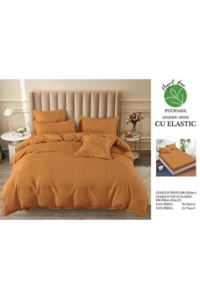 RABY Double bed linen set, 6 pieces, fine cotton, fitted sheet, duvet cover, 4 pillowcases, brown