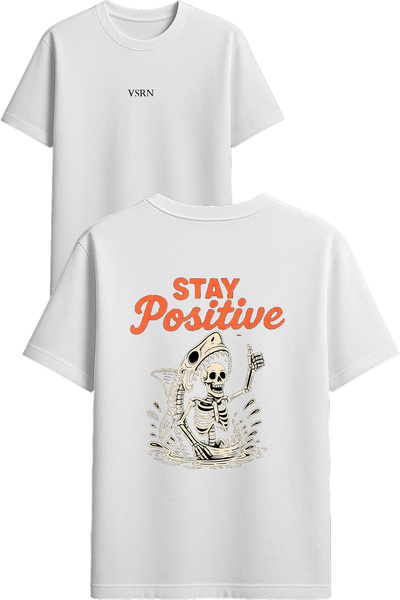 VSRN تيشيرت ابق إيجابيًا تصميم مطبوع أبيض قصة فضفاضة