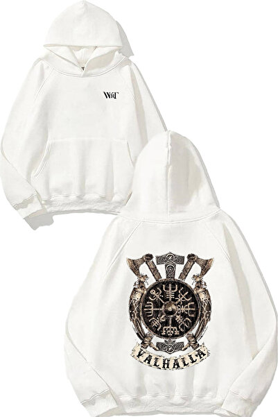 THEWERT Valhalla Axe Hammer Viking Design Spate cu imprimeu Alb cu glugă Swea...