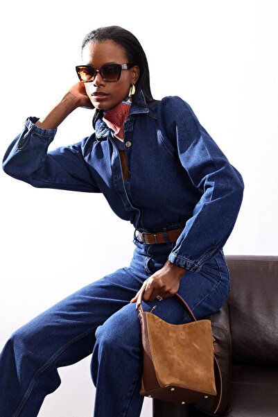 5in1Canpolat Dark Blue Belted Denim Jumpsuit 8152