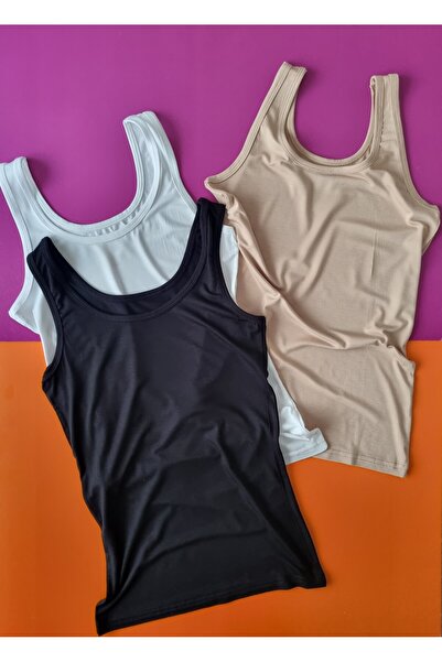 Demirsa Boutique Thick Strap Bamboo Fabric 3-Piece Black, Tan, and White Women's Tank Top