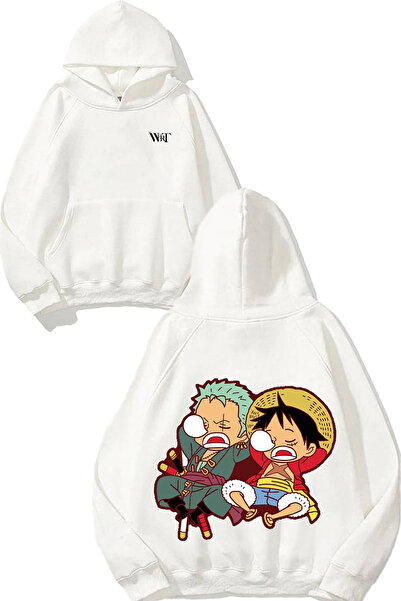 THEWERT سويت شيرت One Piece Zoro Luffy Cute Design Back مطبوع أبيض بغطاء رأس