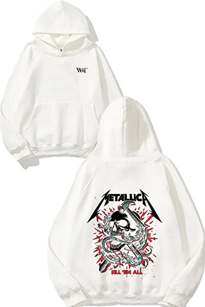 THEWERT سويت شيرت ميتاليكا ريد سكل ديزاين مطبوع أبيض بغطاء رأس