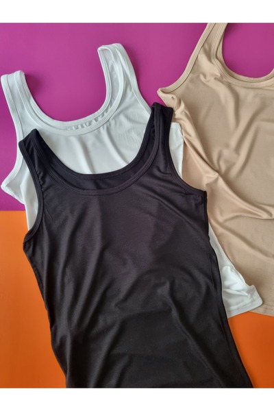 Demirsa Boutique Thick Strap Bamboo Fabric 3-Piece Black, Tan, and White Women's Tank Top