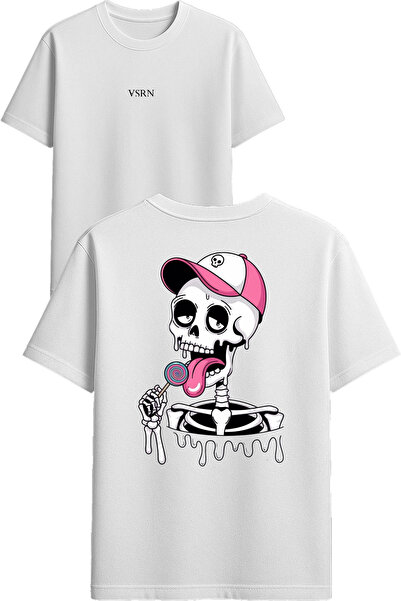 VSRN Tricou supradimensionat alb cu imprimeu cu design de schelet care mănânc...