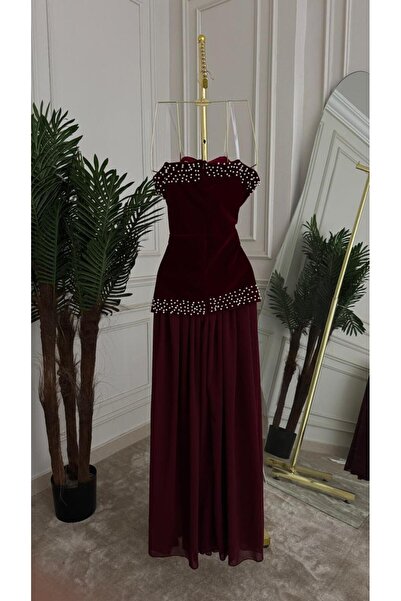 MALAZ Burgundy velvet dress adorned with pearls - timeless royal elegance 💎