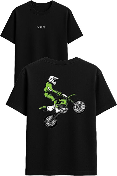 VSRN تي شيرت أخضر بتصميم كروس موتور مطبوع أسود قصة فضفاضة
