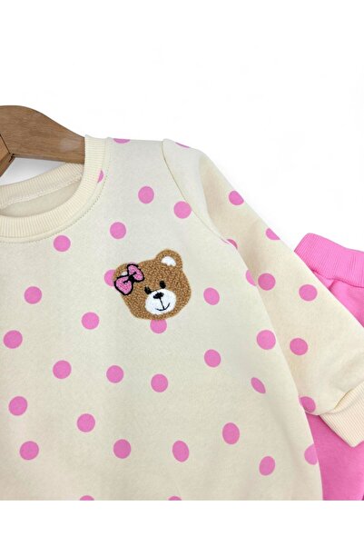 Ege Bebek Baby Girl Slim Fit Polka Dot Winter 3-Thread Set Fleece-Lined Cute Teddy Bear Embroidered Top and Bottom Set