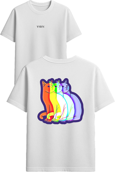 VSRN Tricou supradimensionat alb cu imprimeu 3D cu pisici