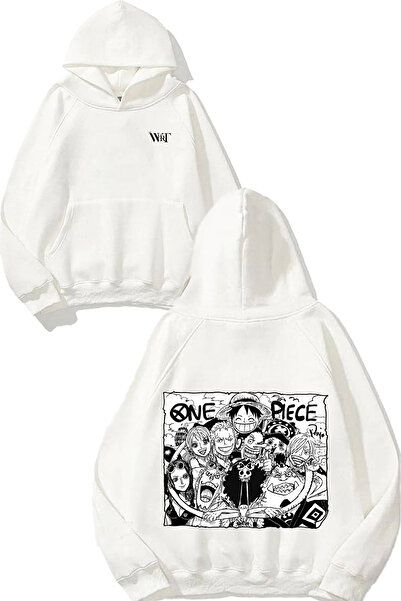 THEWERT One Piece Black White Design cu imprimeu pe spate Hanorac Alb cu glugă