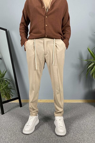 Alışveriş Sokağı Slim Fit Double Pleated Beige Jogger Pants
