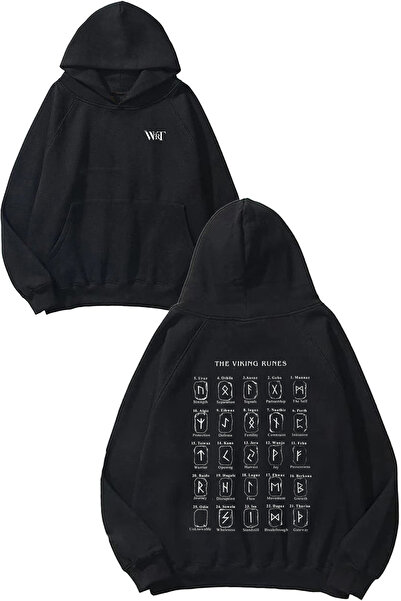 THEWERT The Viking Runes Design Cu Impermeabil Pe Spate Hanorac Negru Cu Glugă