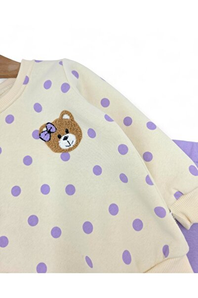 Ege Bebek Baby Girl Slim Fit Polka Dot Winter 3-Thread Set Fleece-Lined Cute Teddy Bear Embroidered Top and Bottom Set