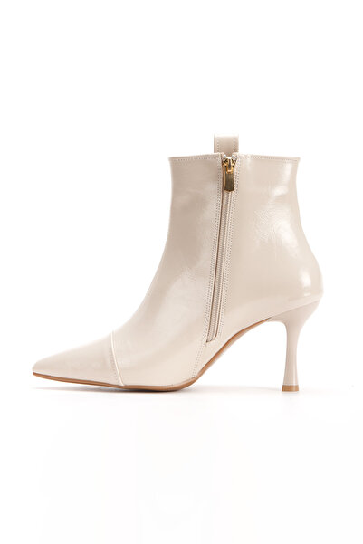 KARABAGSHOES Beige Genuine Leather Look Pointed Toe Thin Heeled Stylish Buckle Boots