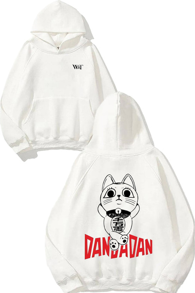 THEWERT Dandadan Cat Design Back Printed White Hooded Sweatshirt