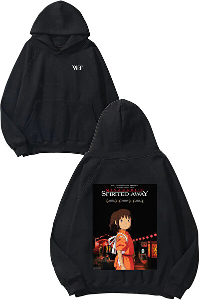 THEWERT سويت شيرت بتصميم فيلم Spirited Away مطبوع أسود بغطاء رأس