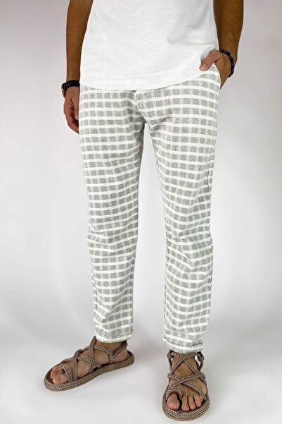 Alışveriş Sokağı 100% Cotton Square Patterned Gray Linen Trousers