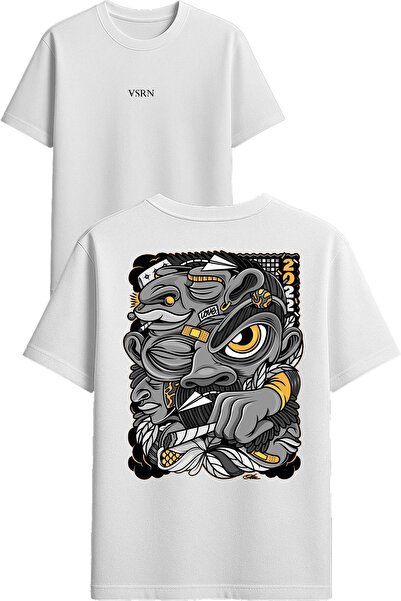 VSRN Different Shaped Man Design Printed White Oversized T-Shirt
