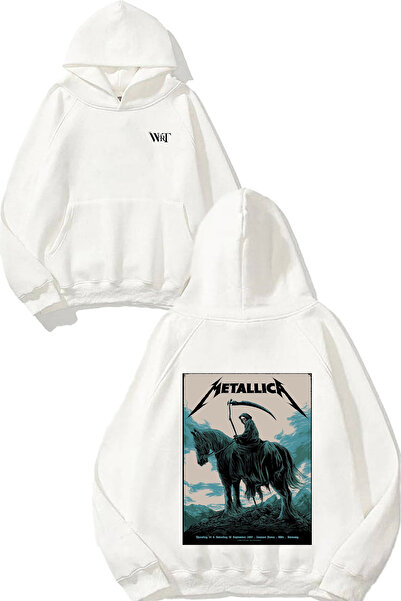 THEWERT سويت شيرت ميتاليكا هورس سكول ديزاين مطبوع أبيض بغطاء رأس