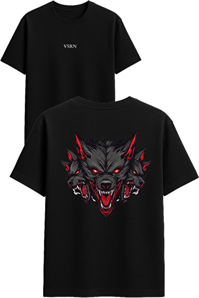 VSRN Tricou oversize negru cu imprimeu Design lup cu 3 capete