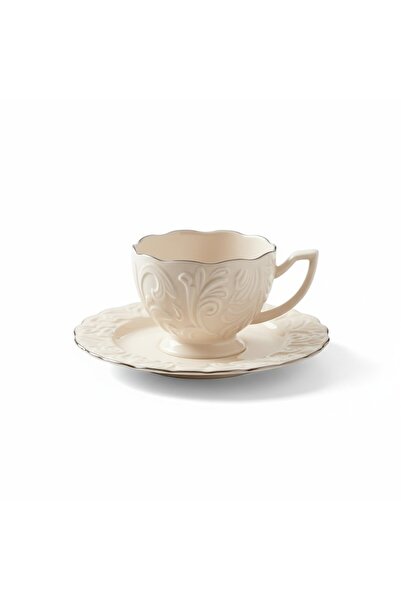 FAIR HOME Rosen Embossed Vintage Platinum Model 6-Person Porcelain Cream Coffee Cup Set – 100 Ml.
