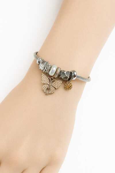 cmtgroup Women's Silver Bracelet with Gold Butterfly Pendant and Exquisite Pe...