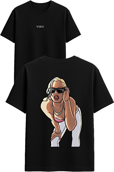 VSRN Tricou negru oversize cu imprimeu de design pentru femei frumoase