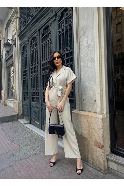 Lady Moss Sky Fashion Linen Jumpsuit with Waist Tie Detail - Cream