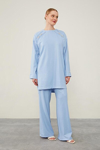 Levidor Set pantaloni tunică largi brodate cu piatră albastră pentru bebeluși